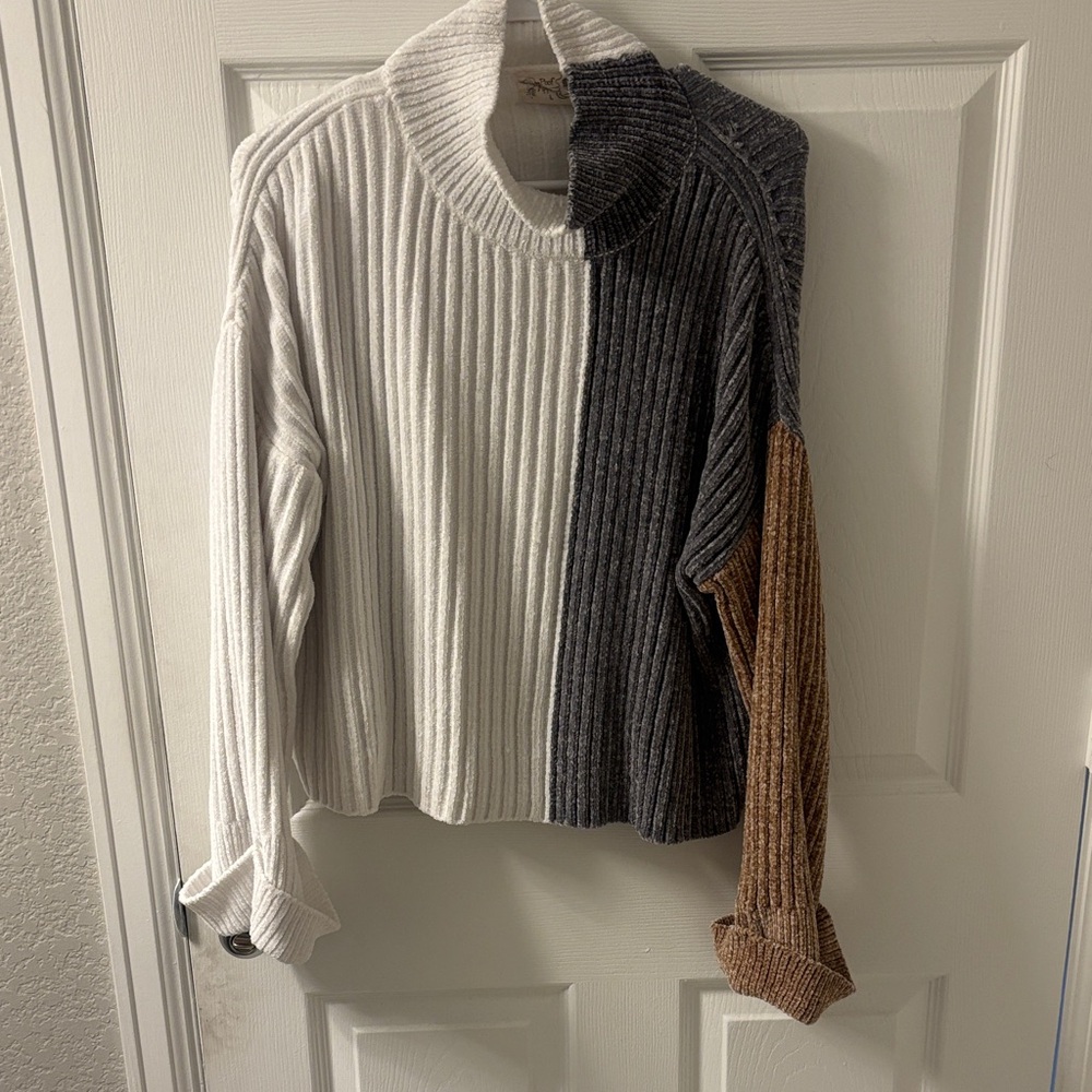 Poof! Women's Cowl Neck Colorblock Sweater - White, Gray, and Brown